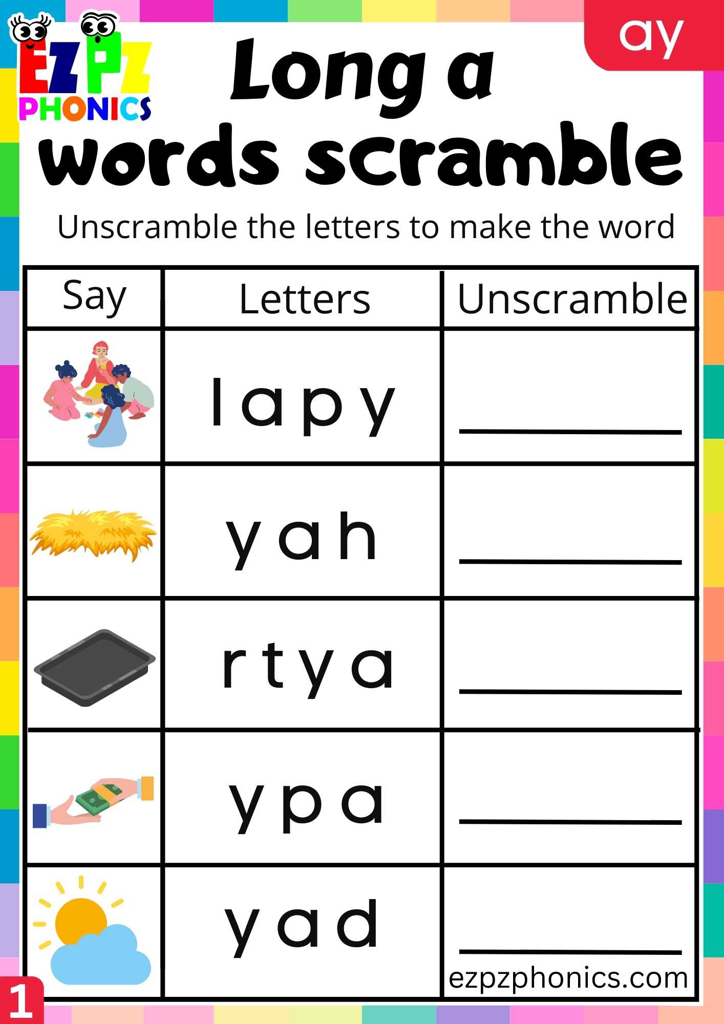 Group1 AY Words Words Scramble Long A Phonics Worksheet